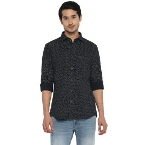 Cotton Navy Blue Slim Fit Printed Casual Shirt