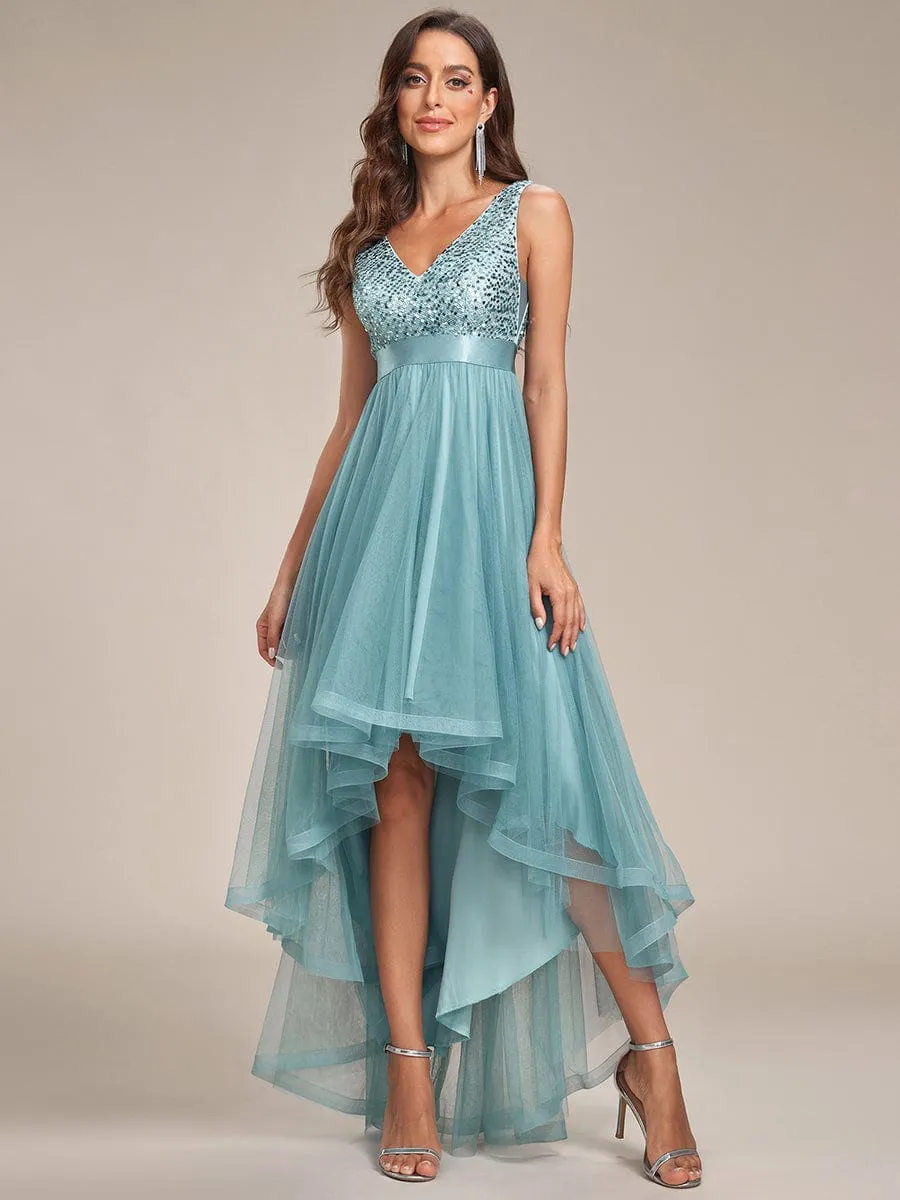 Custom Size Sequin Sleeveless Ribbon Waist Tulle High Low Evening Dress