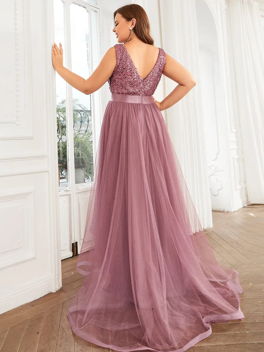 Custom Size Sequin Sleeveless Ribbon Waist Tulle High Low Evening Dress