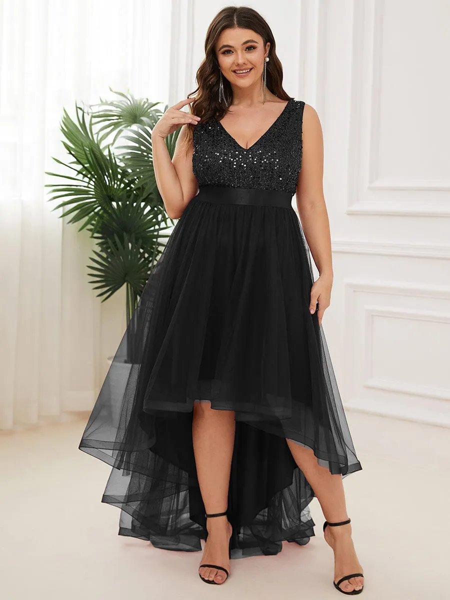 Custom Size Sequin Sleeveless Ribbon Waist Tulle High Low Evening Dress