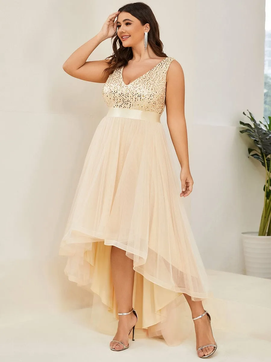 Custom Size Sequin Sleeveless Ribbon Waist Tulle High Low Evening Dress