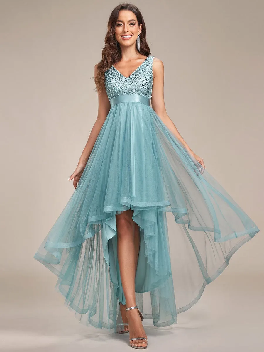 Custom Size Sequin Sleeveless Ribbon Waist Tulle High Low Evening Dress