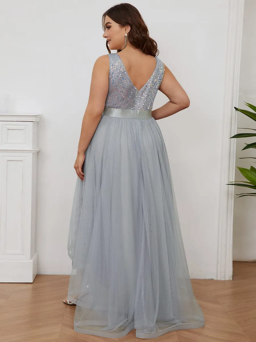 Custom Size Sequin Sleeveless Ribbon Waist Tulle High Low Evening Dress