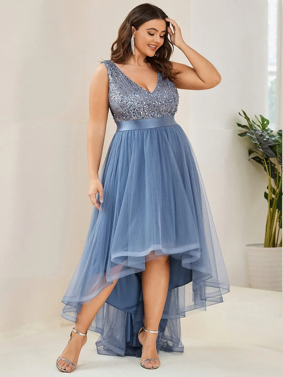 Custom Size Sequin Sleeveless Ribbon Waist Tulle High Low Evening Dress