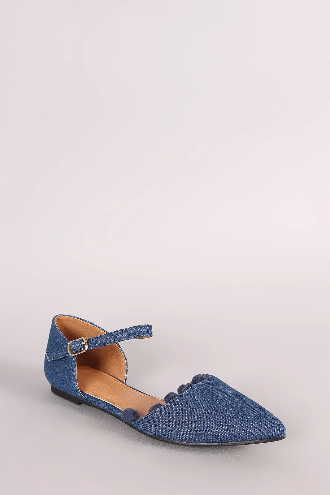 Denim Pointy Toe Pom Pom Ankle Strap Flat