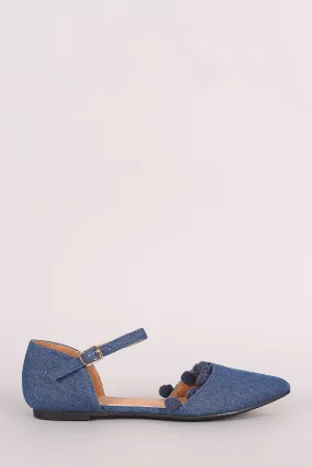 Denim Pointy Toe Pom Pom Ankle Strap Flat