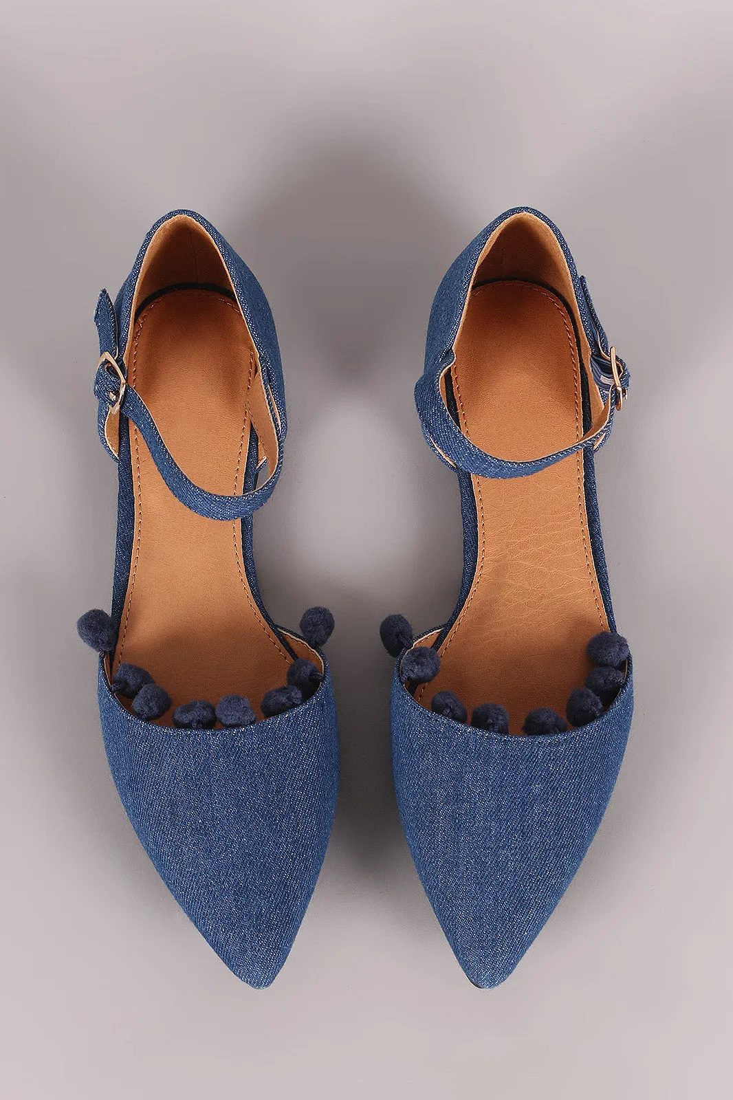 Denim Pointy Toe Pom Pom Ankle Strap Flat