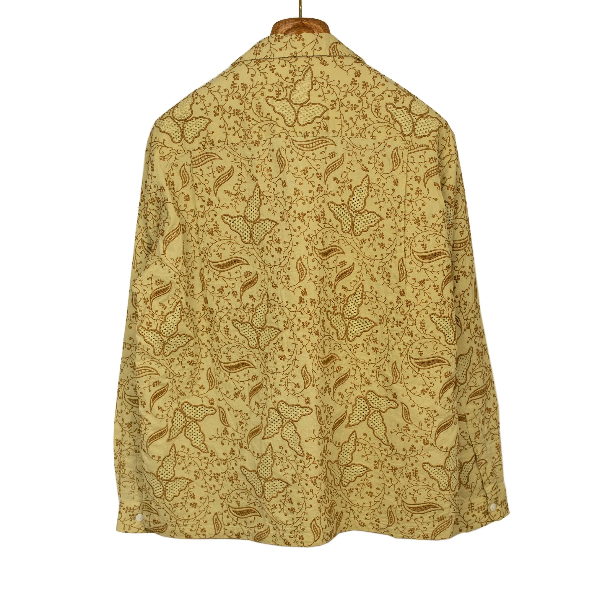 Embroidered open collar shirt in wheat embroidered lightweight cotton muslin