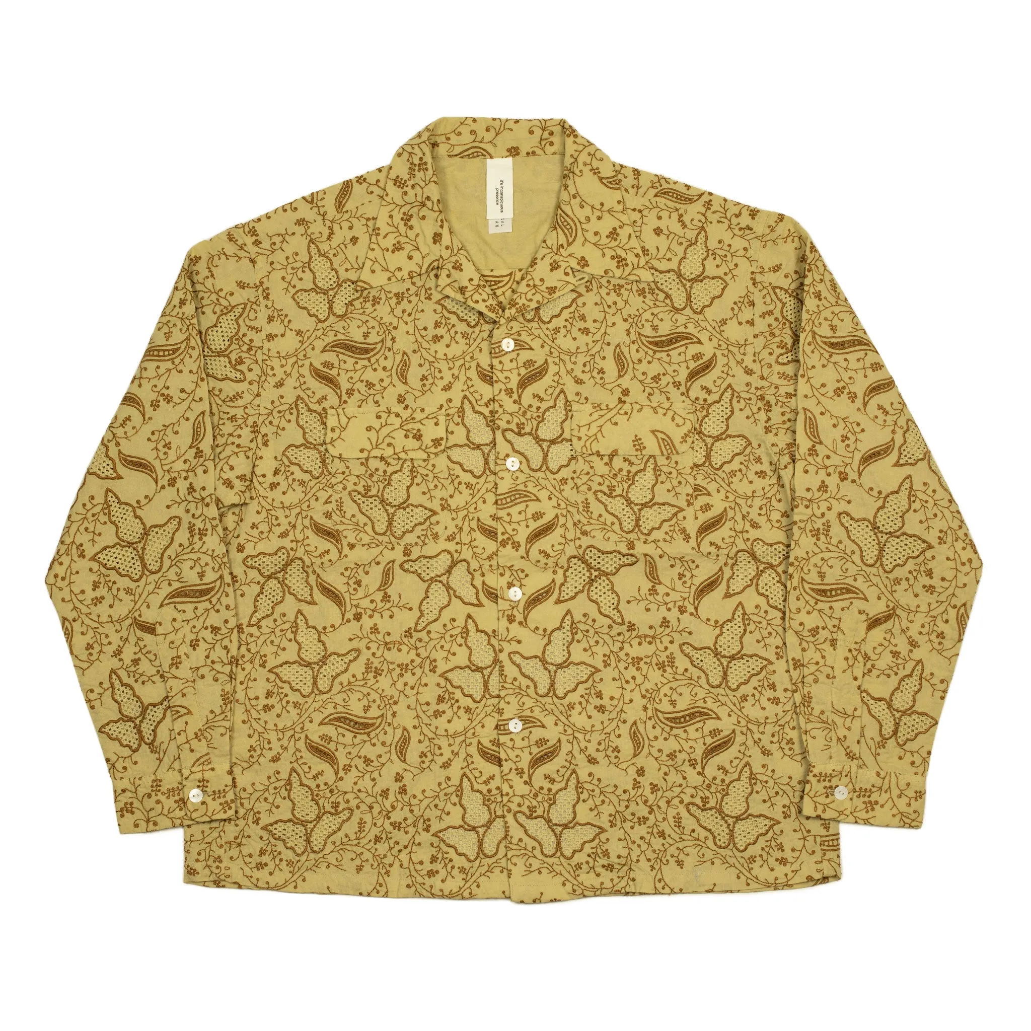 Embroidered open collar shirt in wheat embroidered lightweight cotton muslin