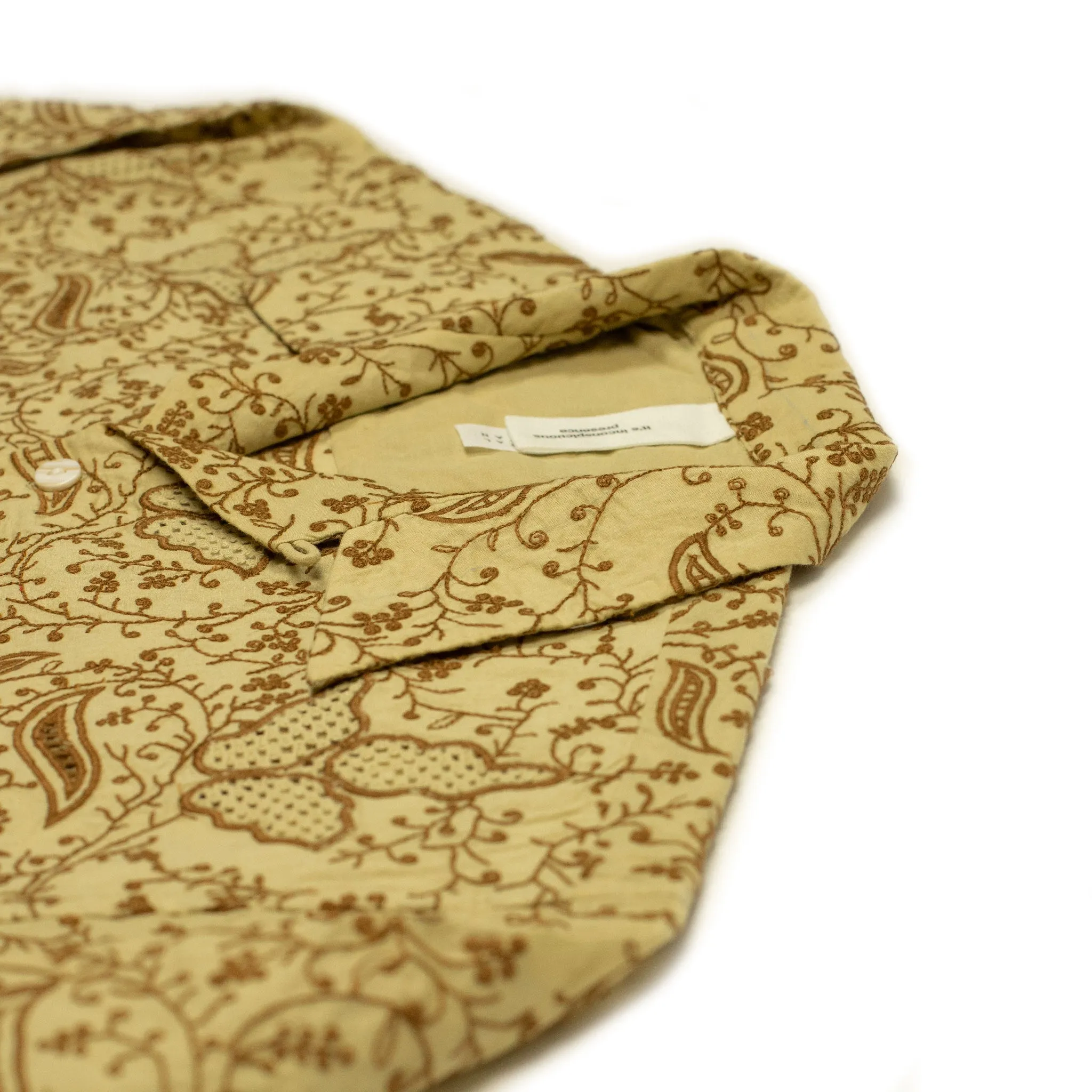 Embroidered open collar shirt in wheat embroidered lightweight cotton muslin