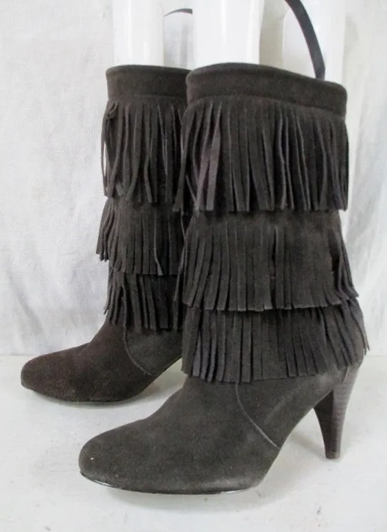 EUC Womens CHINESE LAUNDRY Suede Fringe Boots Booties Moccasin Hippie 6 BROWN Shoe