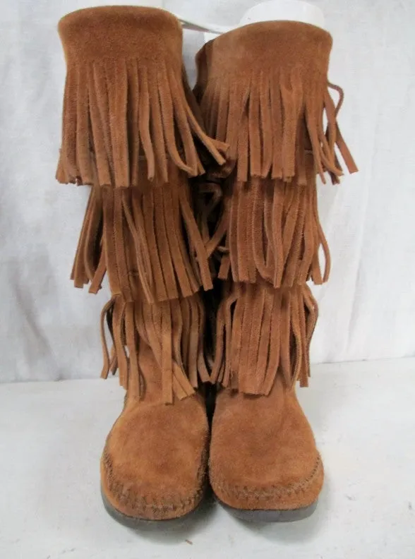 EUC Womens MINNETONKA Suede Fringe Boots Booties Moccasin Hippie BROWN Shoes 6