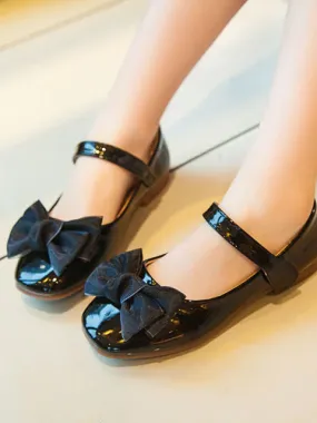 Girls Big Satin Bow Vegan Patent Leather Mary Jane Flats By Liv and Mia