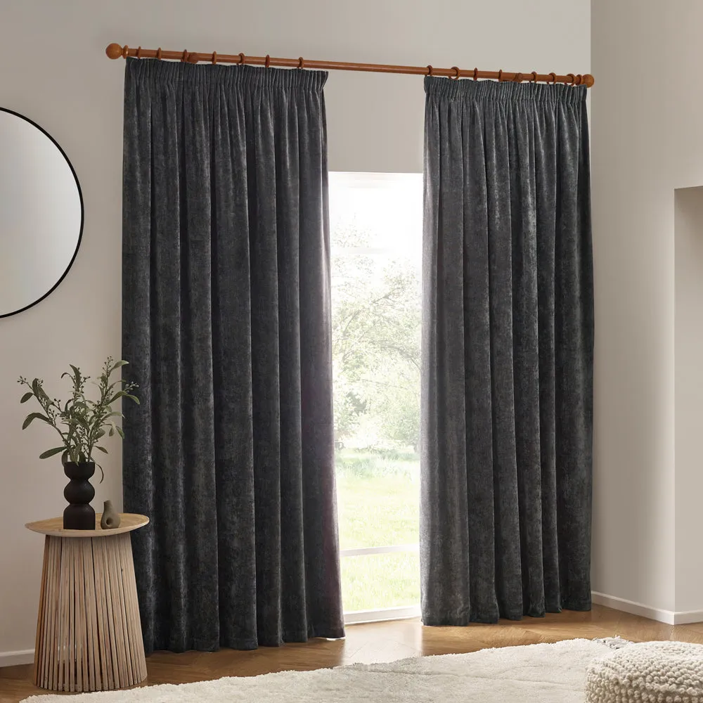 Heavy Chenille Velvet Pencil Pleat Curtains Charcoal