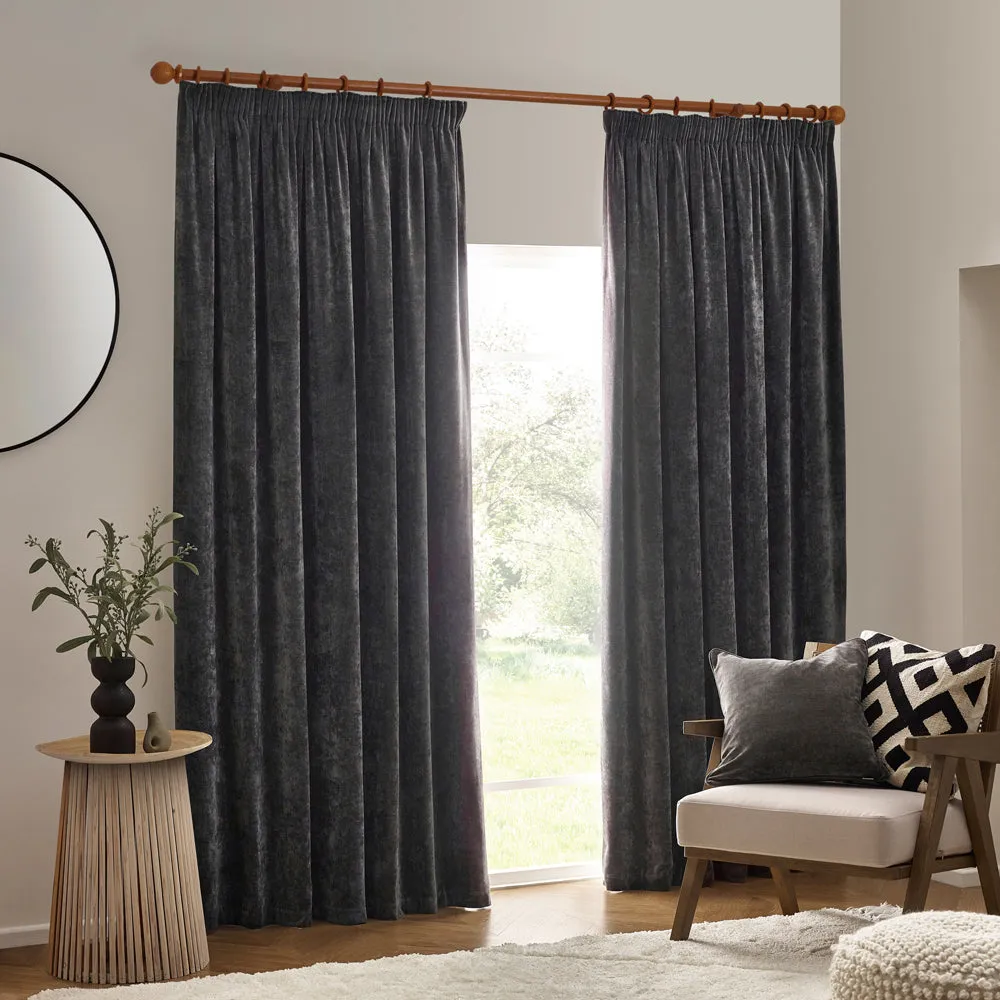 Heavy Chenille Velvet Pencil Pleat Curtains Charcoal