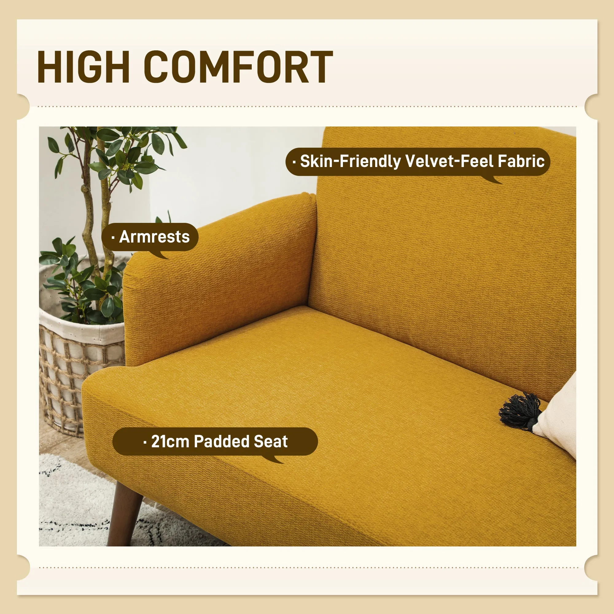 HOMCOM Yellow 2 Seater Sofa with 21cm Thick Padding and Wood Legs