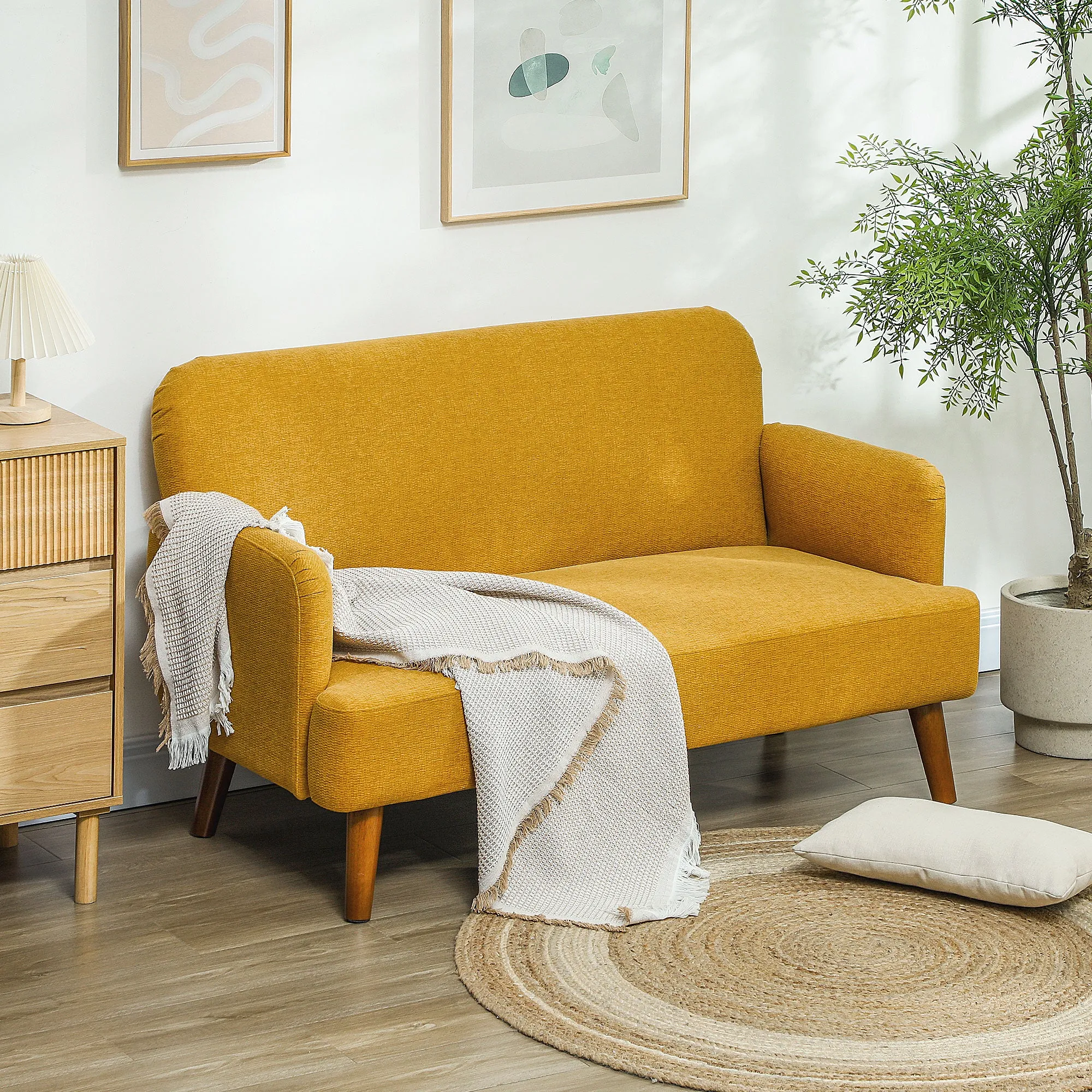 HOMCOM Yellow 2 Seater Sofa with 21cm Thick Padding and Wood Legs