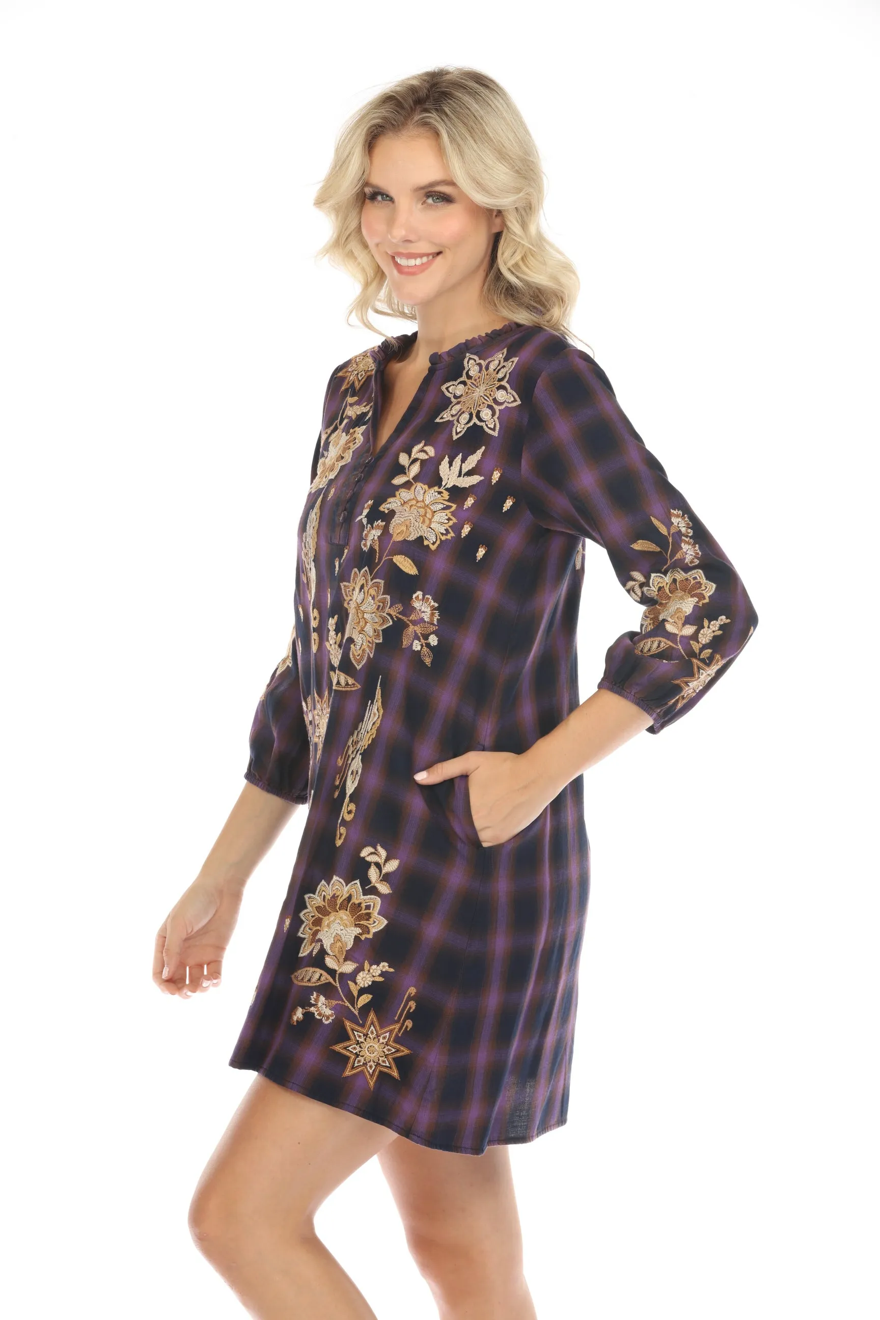 Johnny Was Workshop Purple Plaid Embroidered Dress Boho Chic W39524