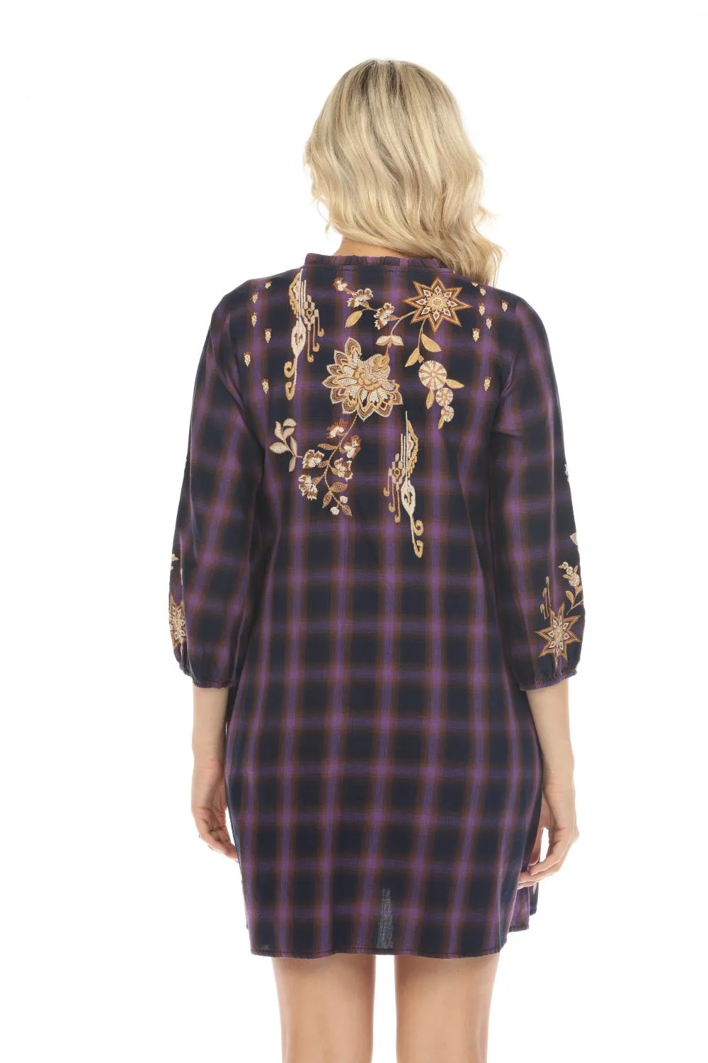 Johnny Was Workshop Purple Plaid Embroidered Dress Boho Chic W39524