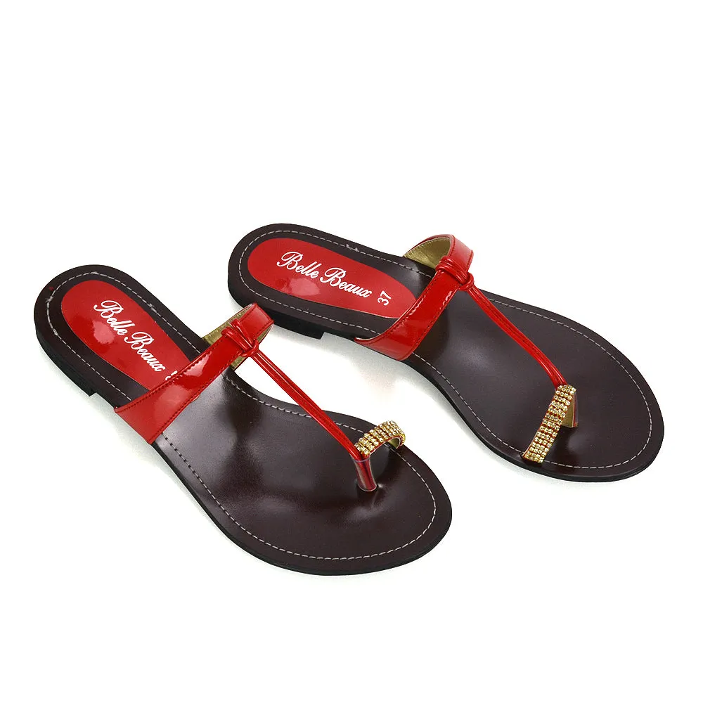 Lala Flat Strappy Diamante Detail Toe Ring Slider Summer Sandals in Red