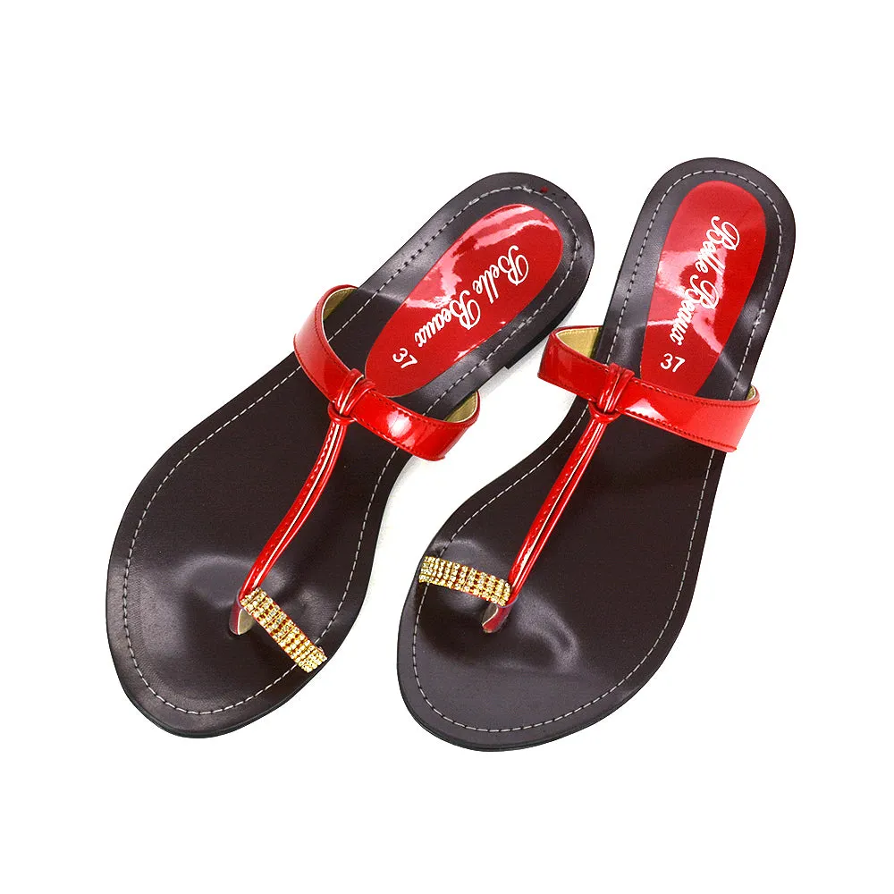 Lala Flat Strappy Diamante Detail Toe Ring Slider Summer Sandals in Red