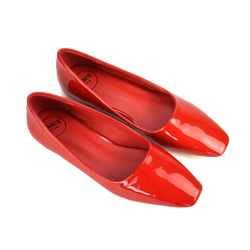 Maci Square Toe Slip on Flat Heel Ballerina Pumps in Cherry Red Patent