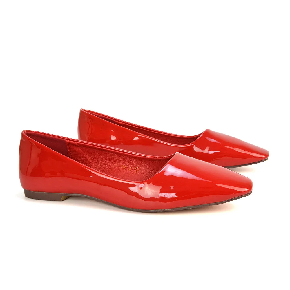 Maci Square Toe Slip on Flat Heel Ballerina Pumps in Cherry Red Patent