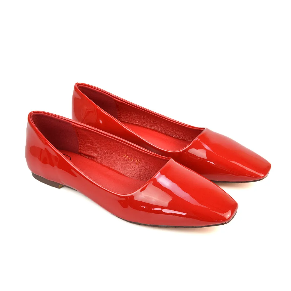 Maci Square Toe Slip on Flat Heel Ballerina Pumps in Cherry Red Patent