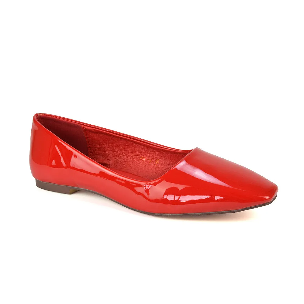 Maci Square Toe Slip on Flat Heel Ballerina Pumps in Cherry Red Patent