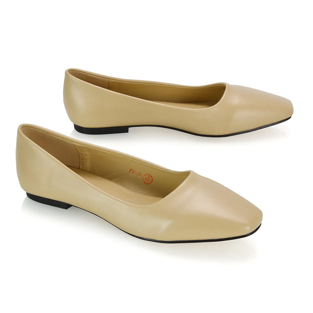 Maci Square Toe Slip on Flat Heel Ballerina Pumps in Nude Synthetic Leather