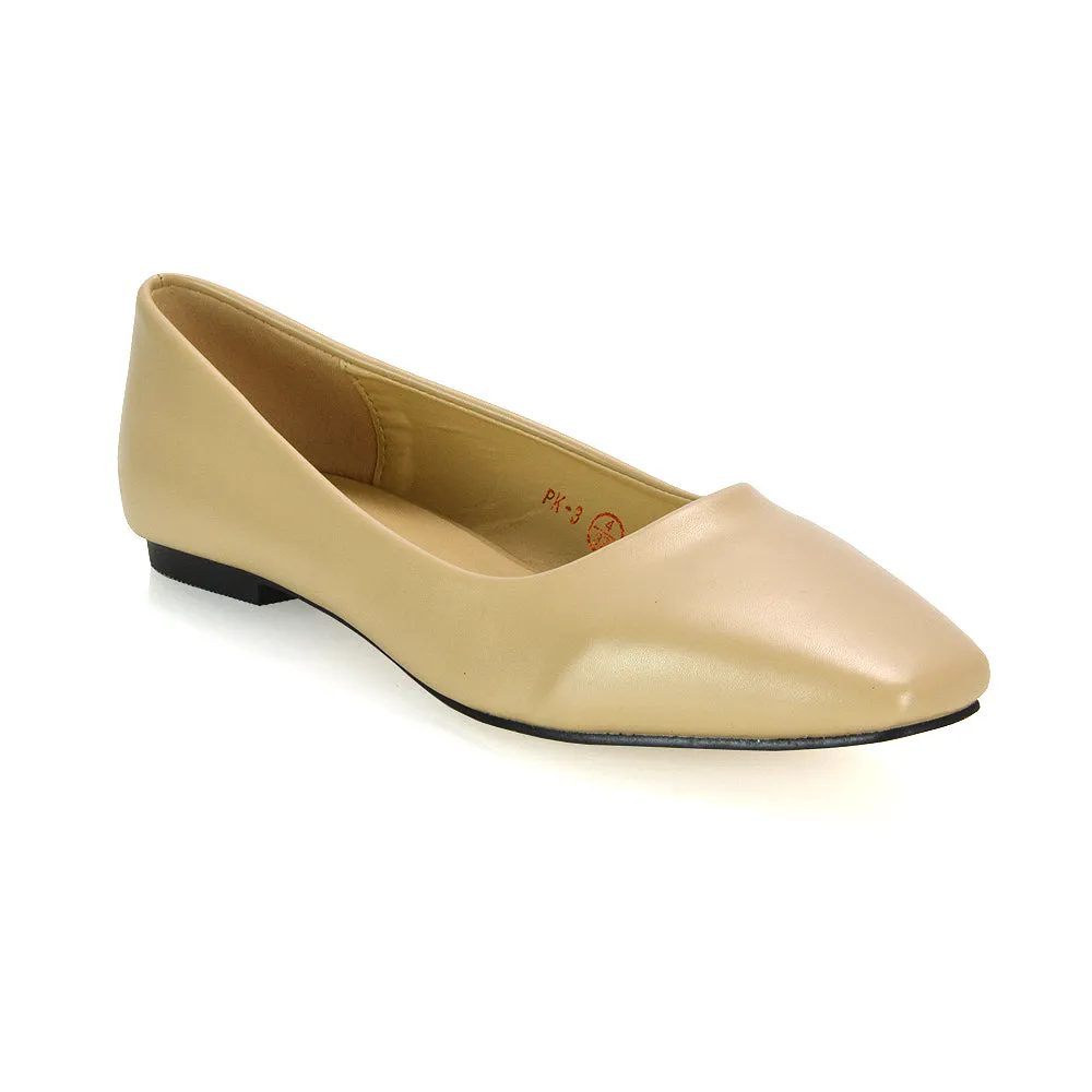 Maci Square Toe Slip on Flat Heel Ballerina Pumps in Nude Synthetic Leather