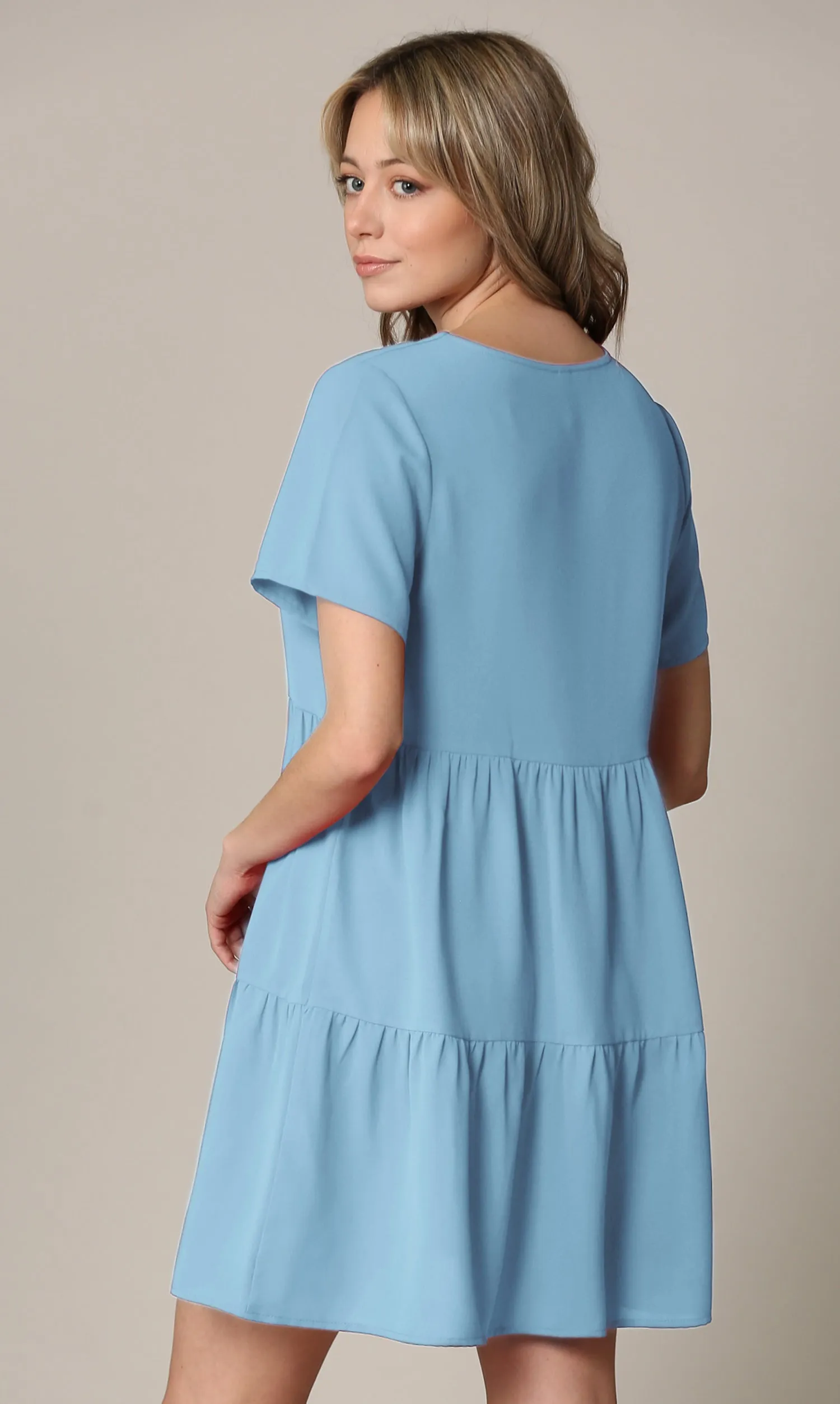 Made By Johnny Casual Flowy Swing Shift Short Sleeve Tiered Dress