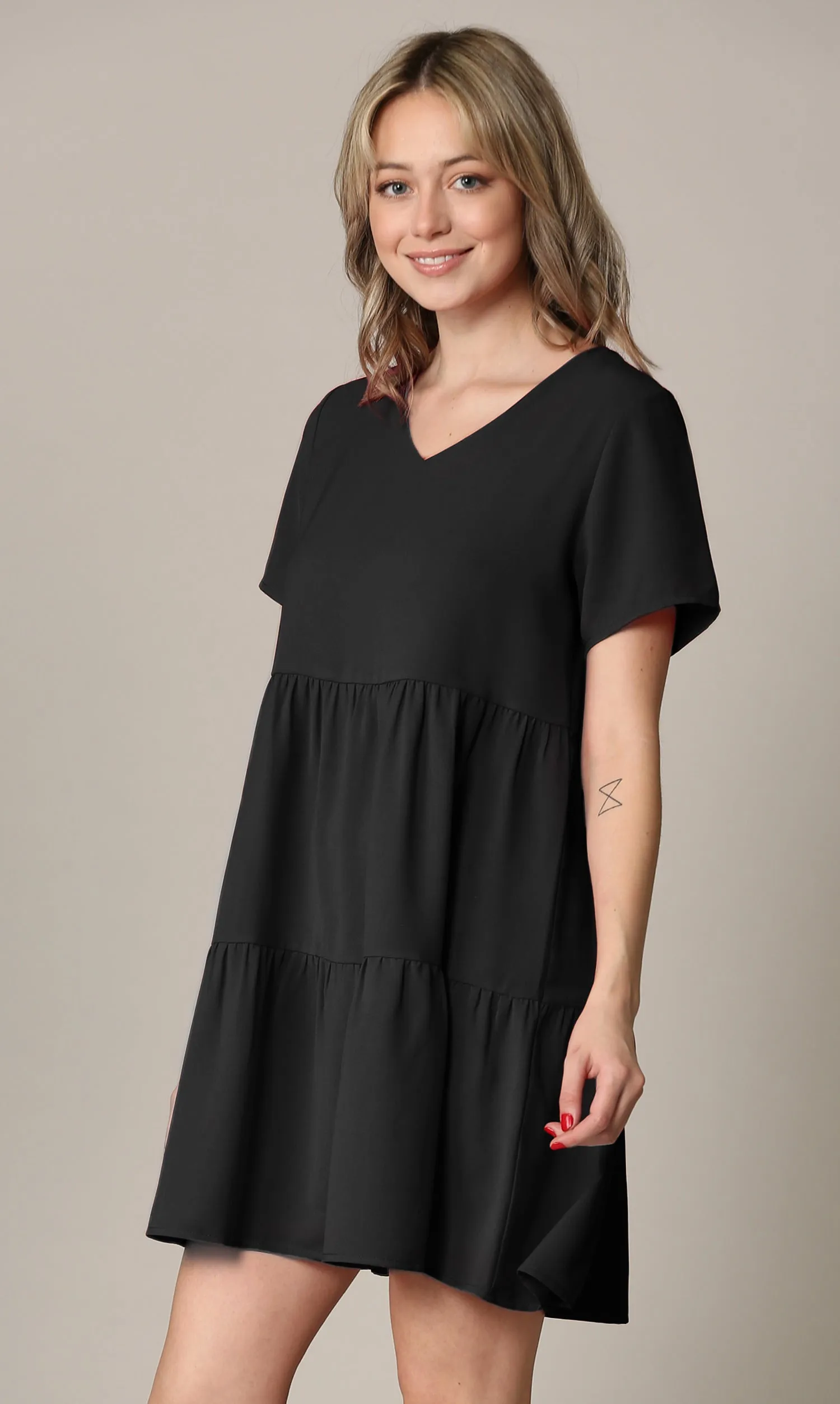 Made By Johnny Casual Flowy Swing Shift Short Sleeve Tiered Dress