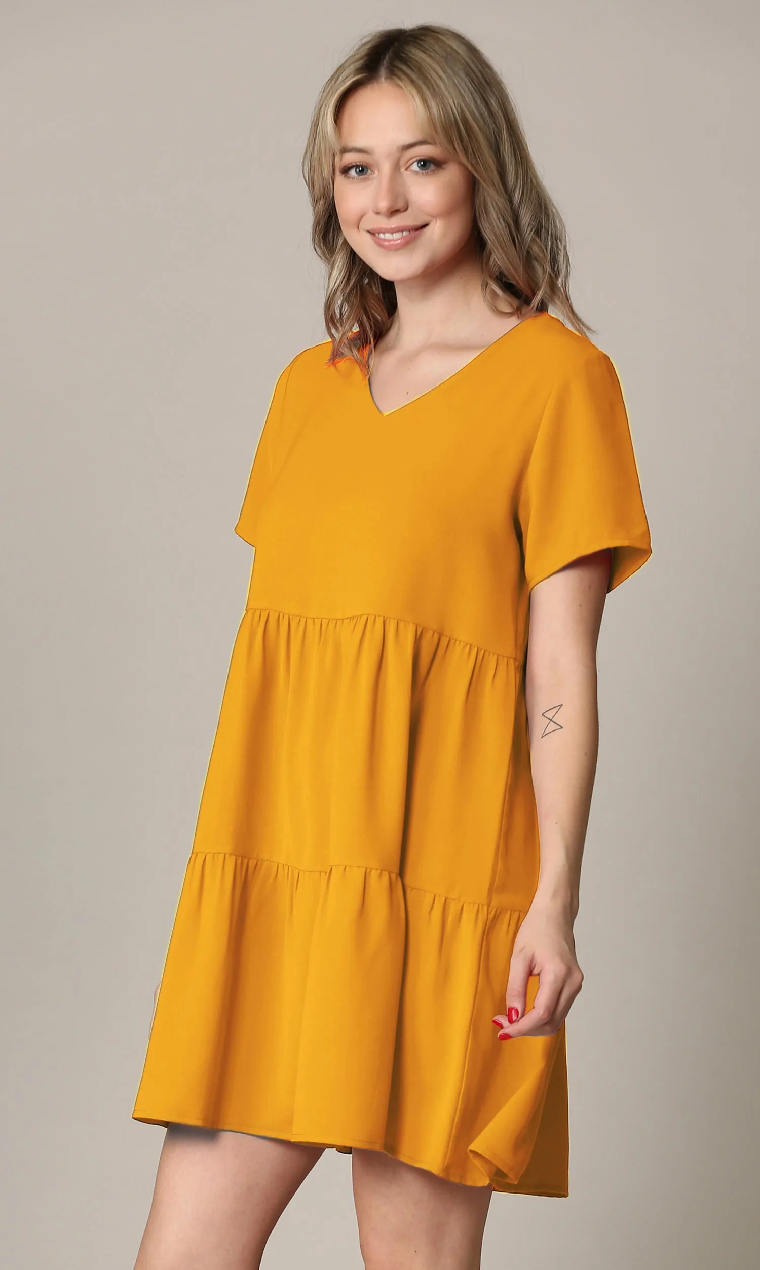 Made By Johnny Casual Flowy Swing Shift Short Sleeve Tiered Dress