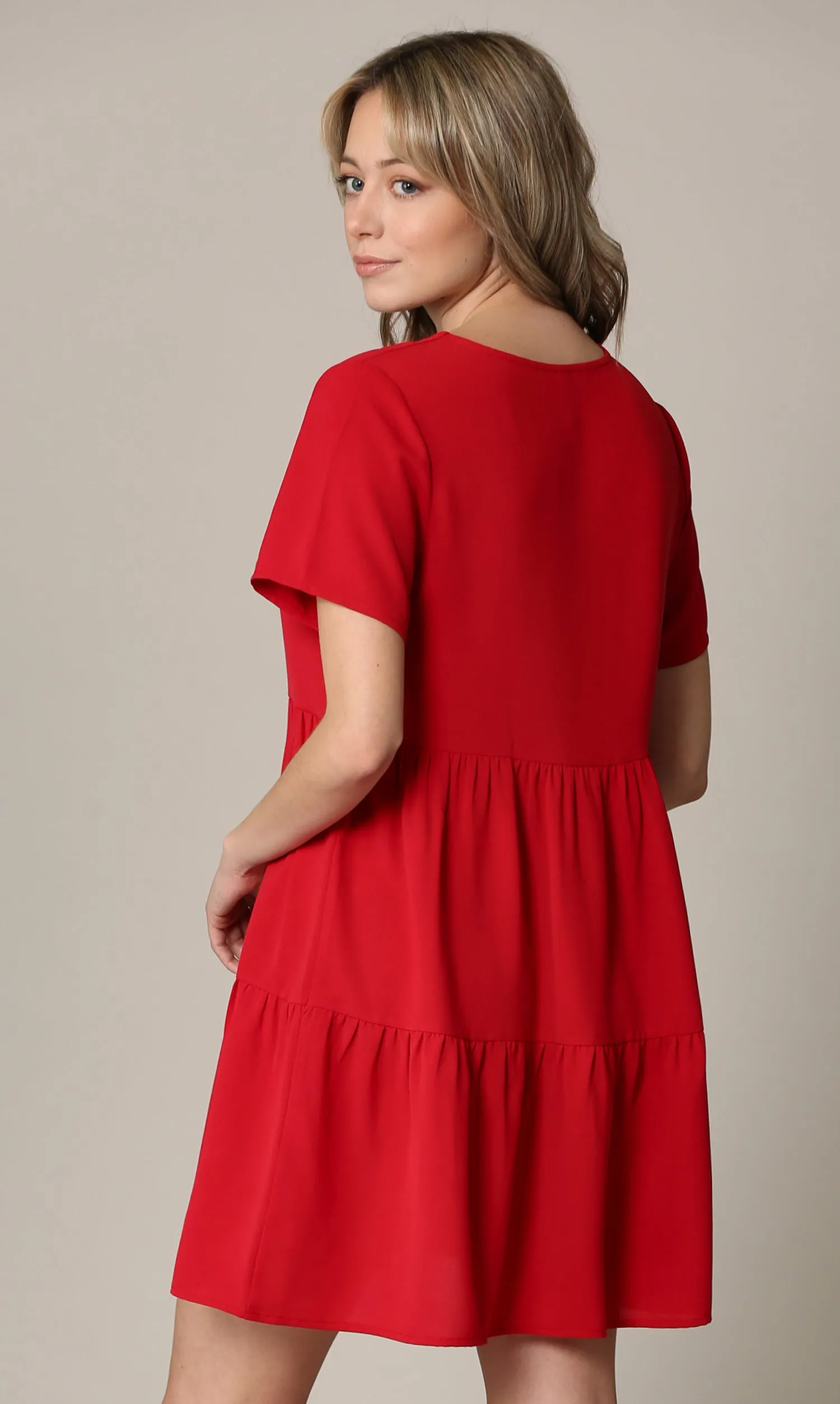 Made By Johnny Casual Flowy Swing Shift Short Sleeve Tiered Dress