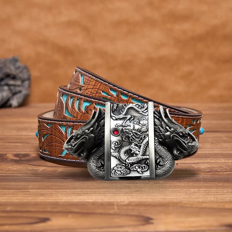 Men's DIY Antique Silver Dual Dragon Leather Belt with Hidden Lighter