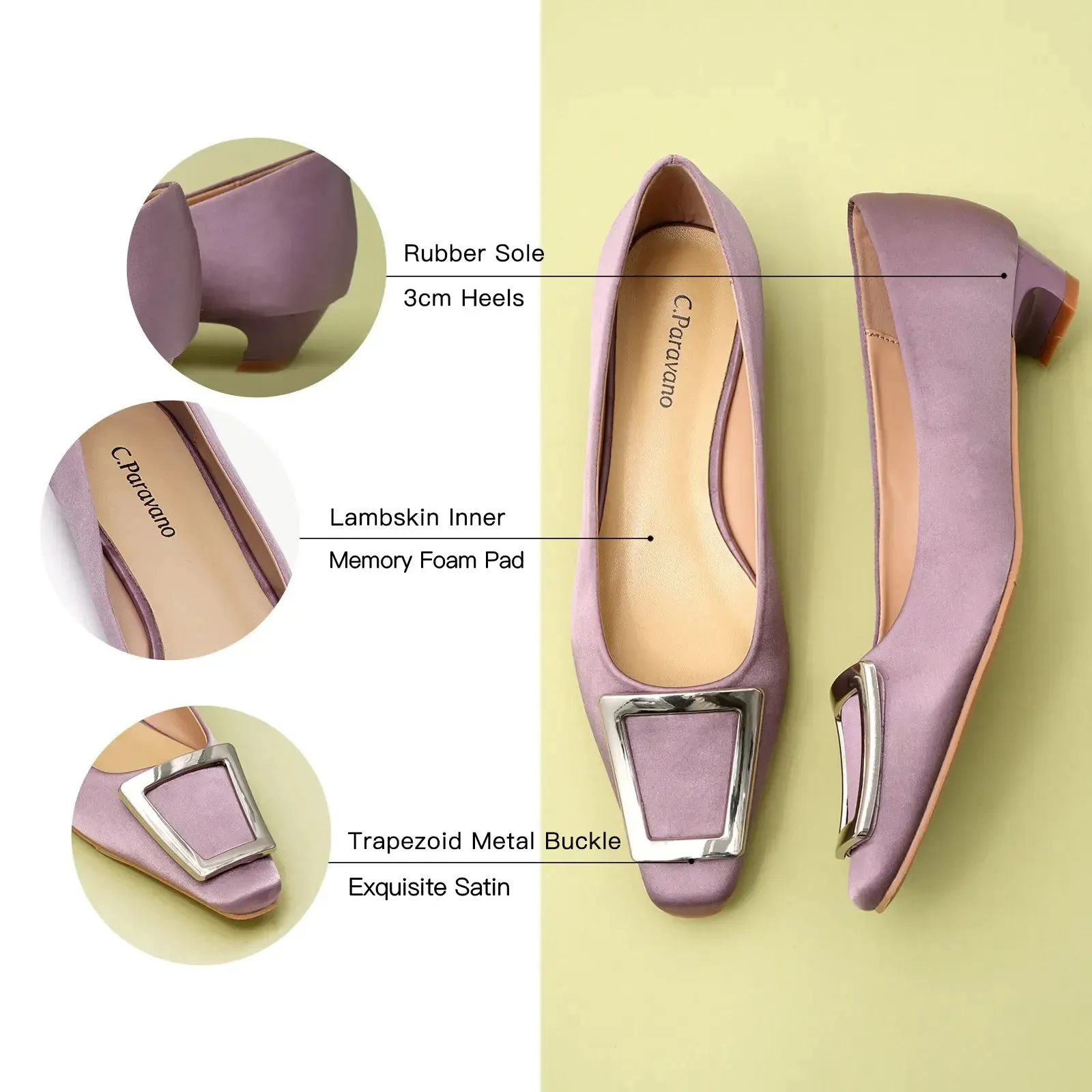 Metal Buckle Satin Low Heel (Lucia) Purple