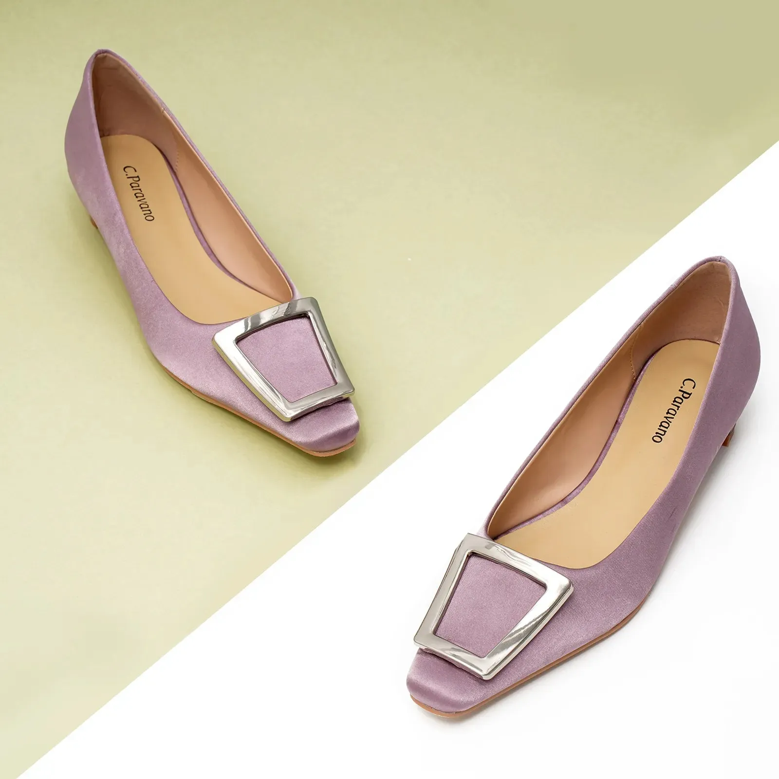 Metal Buckle Satin Low Heel (Lucia) Purple