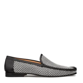 Mezlan R7387 Men's Shoes Black & White Woven Leather Slip-On Moccassin Loafers (MZ35679)