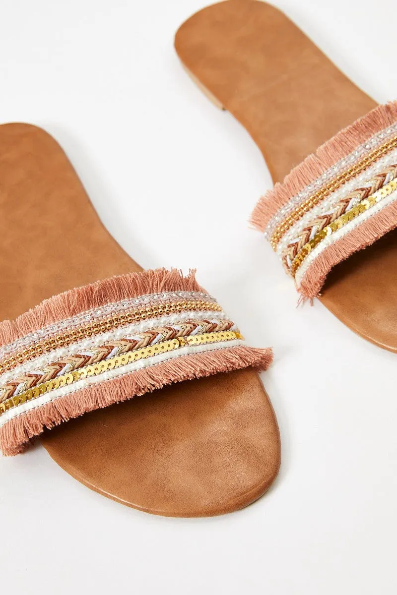 Multi Colour Boho Fringe Flat Slides