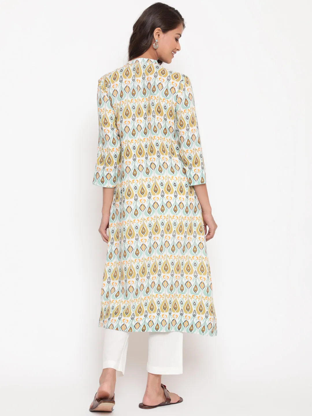 Multicolor Ikat Printed Button Closure Mandarin Collar Kurta