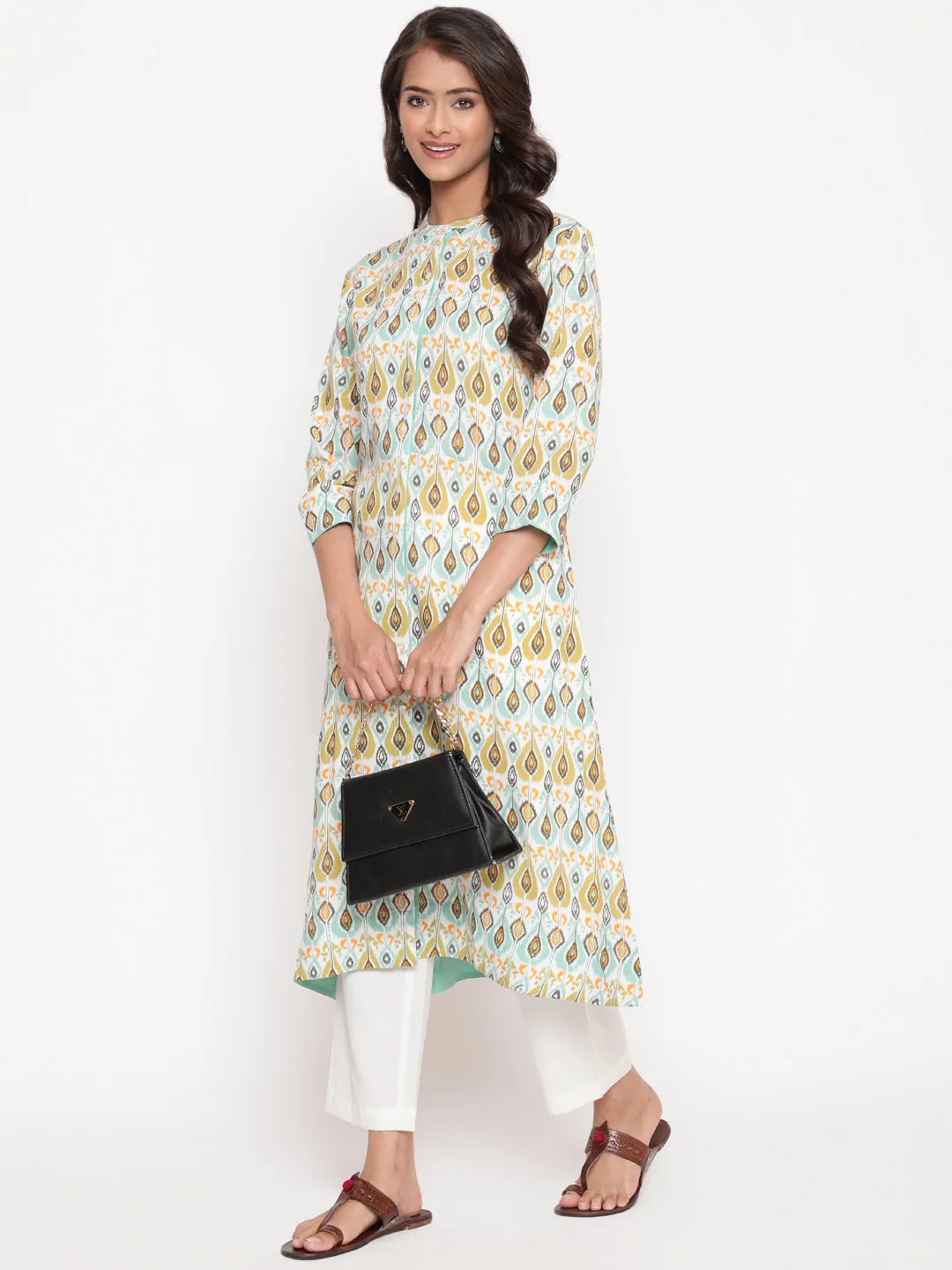 Multicolor Ikat Printed Button Closure Mandarin Collar Kurta