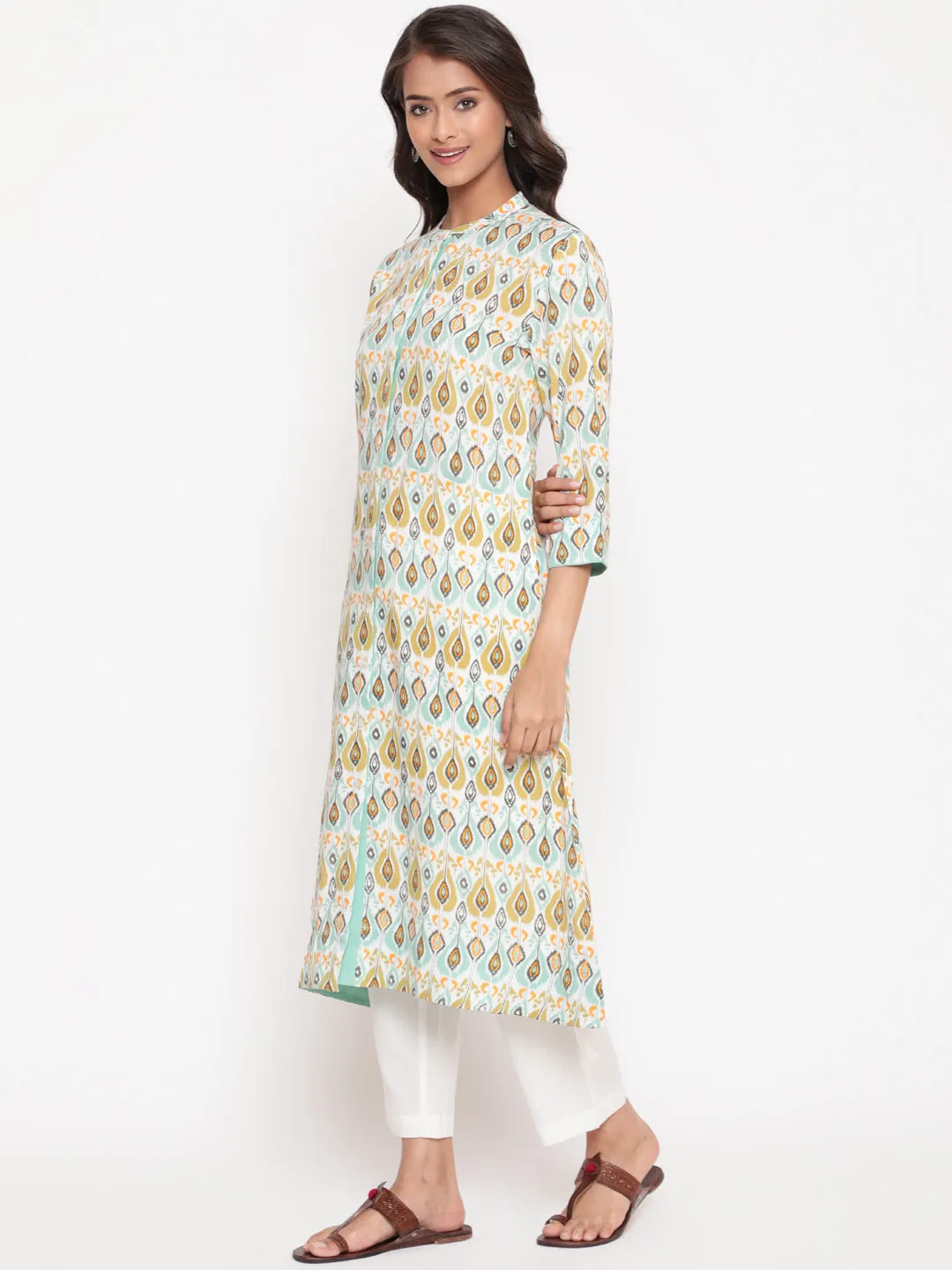 Multicolor Ikat Printed Button Closure Mandarin Collar Kurta