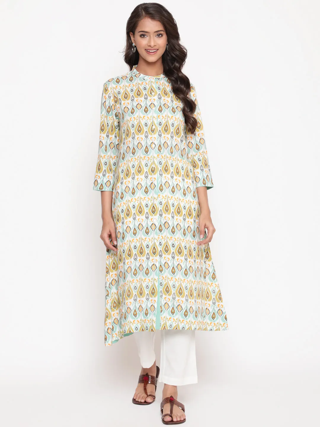 Multicolor Ikat Printed Button Closure Mandarin Collar Kurta