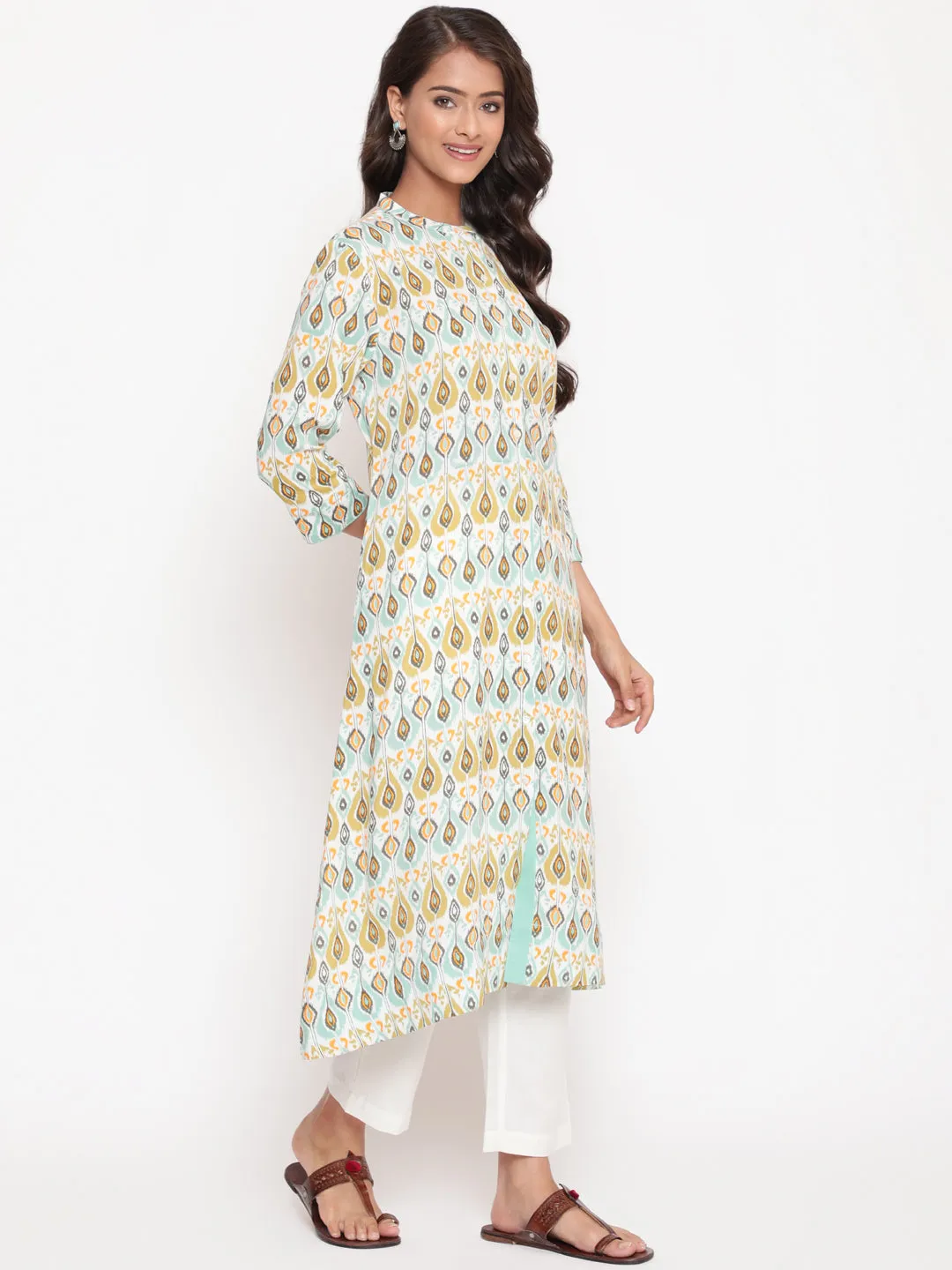 Multicolor Ikat Printed Button Closure Mandarin Collar Kurta