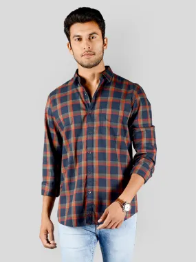 Navy Blue & Orange Checked Slim Fit Casual Shirt | JadeBlue