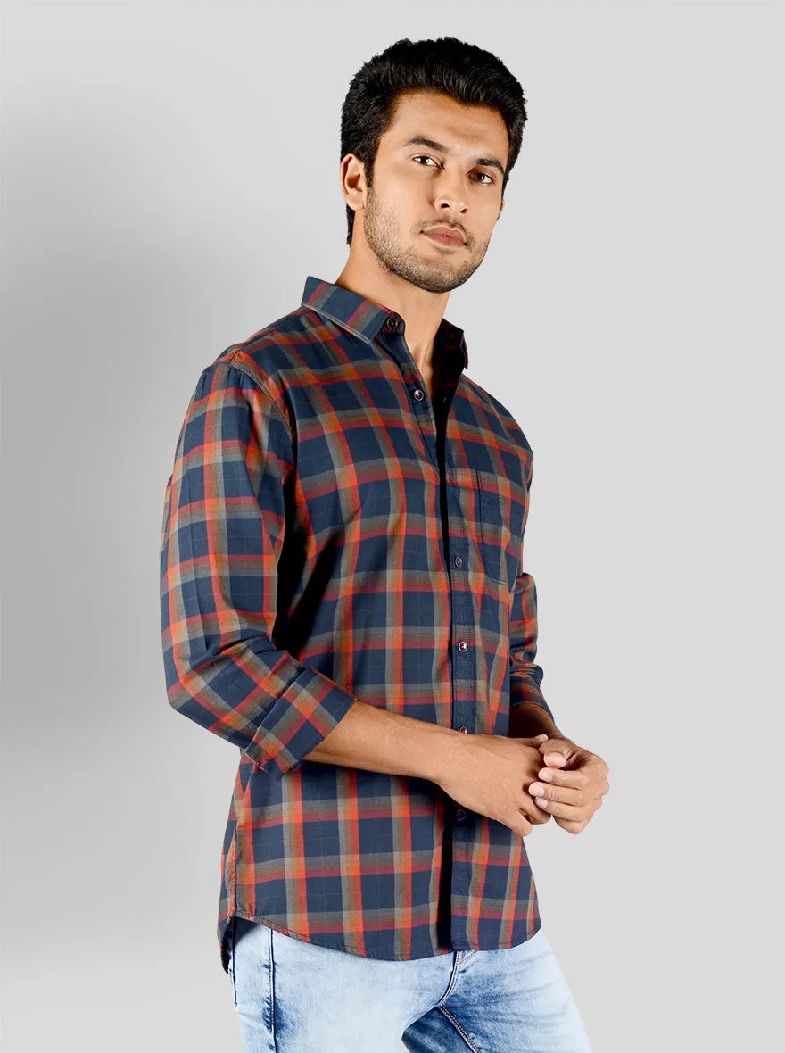 Navy Blue & Orange Checked Slim Fit Casual Shirt | JadeBlue