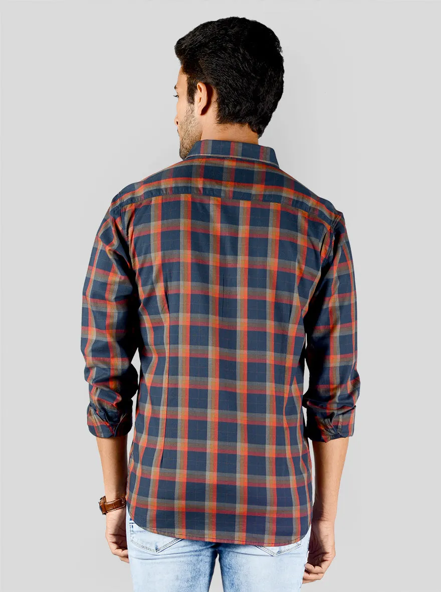 Navy Blue & Orange Checked Slim Fit Casual Shirt | JadeBlue