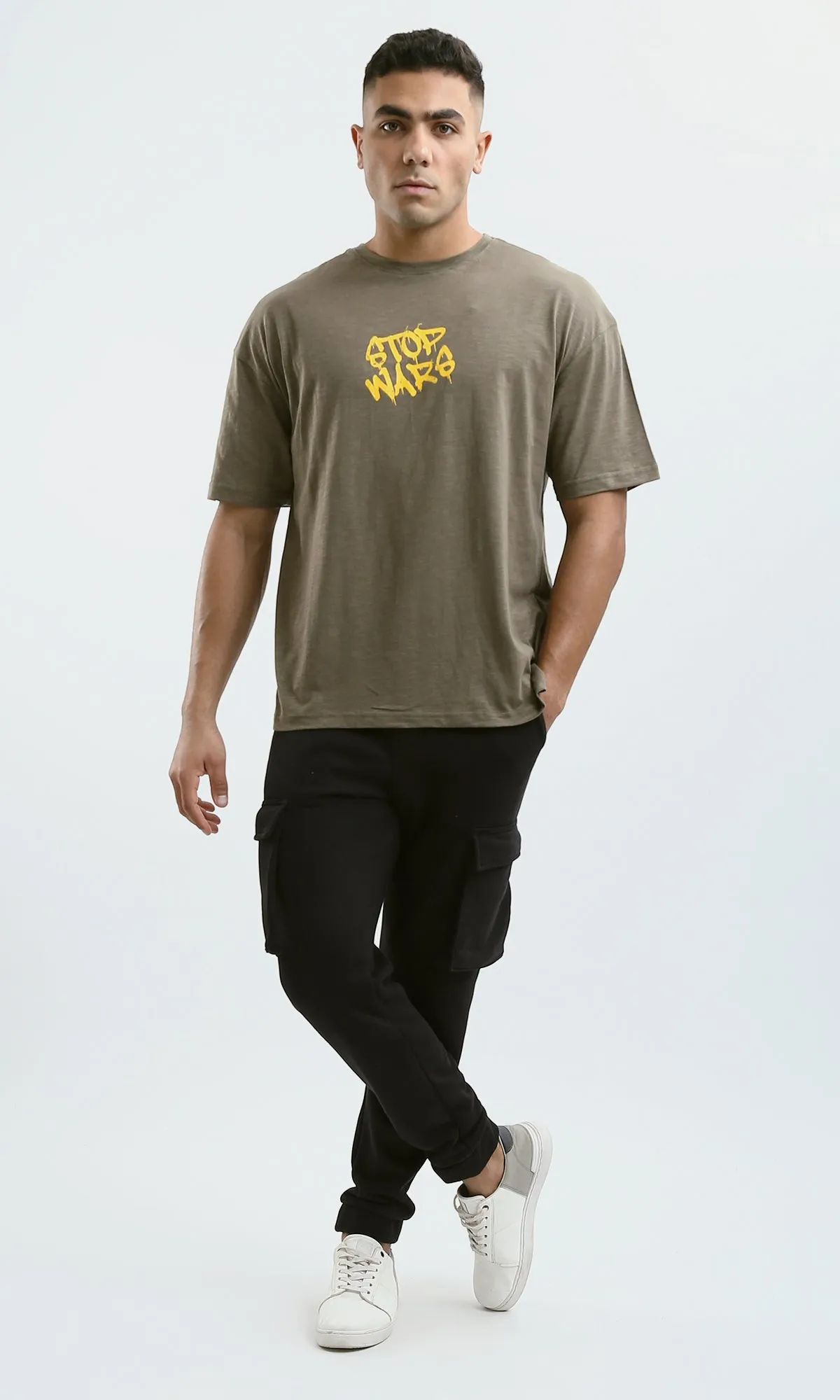 O179365 Printed "Stop Wars" Relaxed Fit Heather Dark Khaki Tee