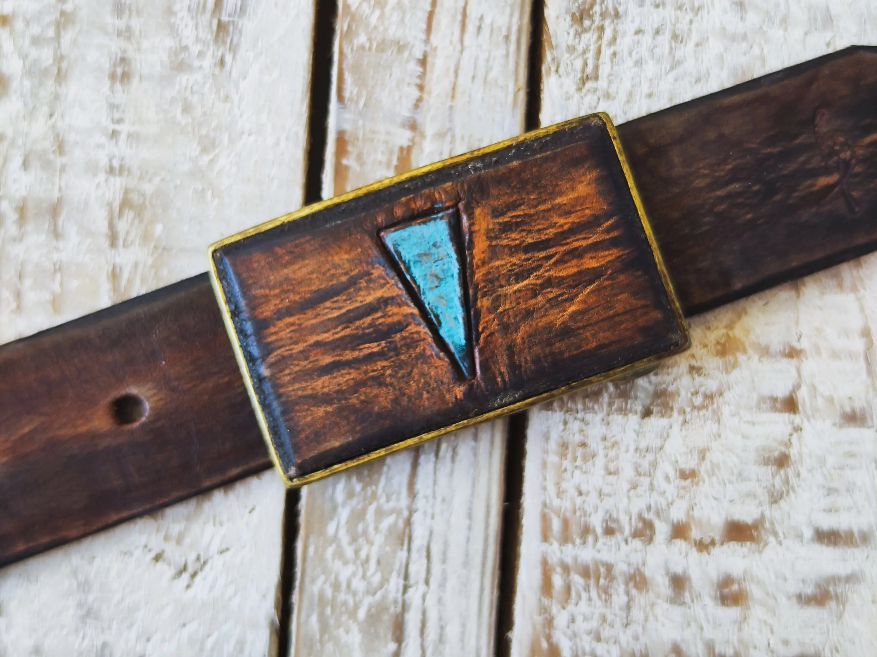 One-of-a-Kind Belt Buckle to Add Personality to Your Outfit -Brown Belt Buckle with Turquoise  Geometric Design